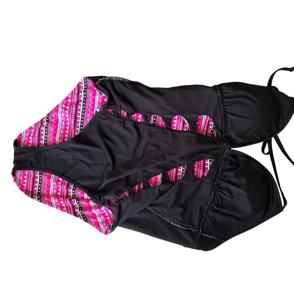 Bongo Pink & Black Aztec Print One-Piece Swimsuit With Side Cutouts & Halter Tie - Picture 9 of 10